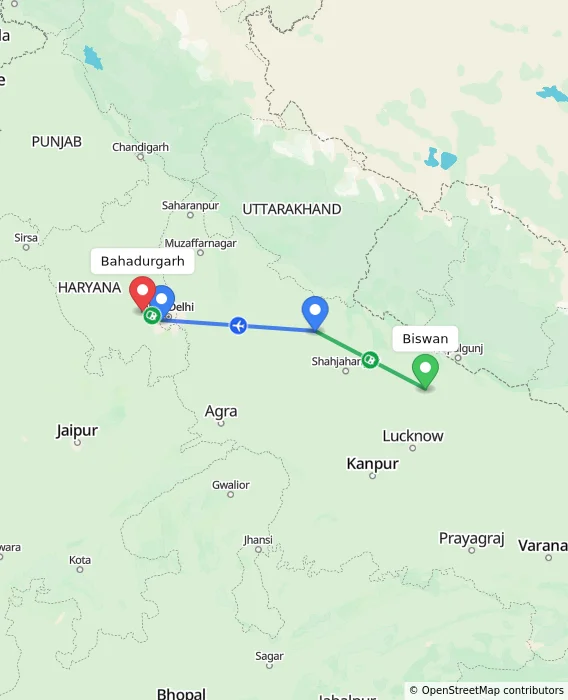 Route map showing distance and travel time from Biswan, India to Bahadurgarh, India