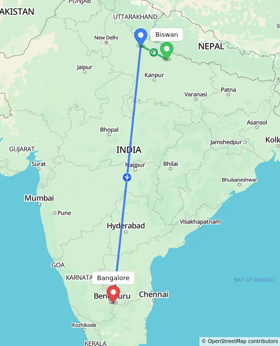 Route map showing distance and travel time from Biswan, India to Bangalore, India