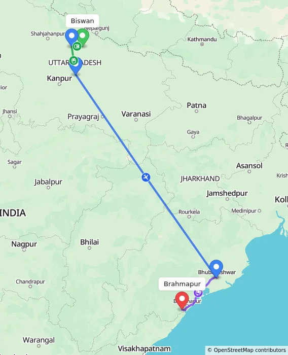 Route map showing distance and travel time from Biswan, India to Brahmapur, India
