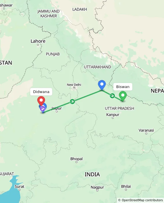 Route map showing distance and travel time from Biswan, India to Didwana, India