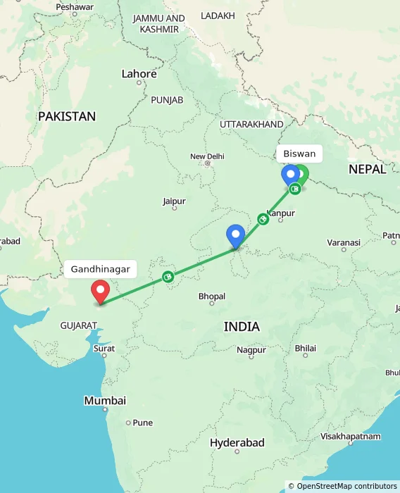 Route map showing distance and travel time from Biswan, India to Gandhinagar, India