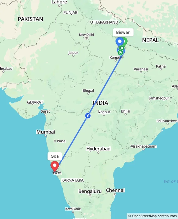 Route map showing distance and travel time from Biswan, India to Goa, India