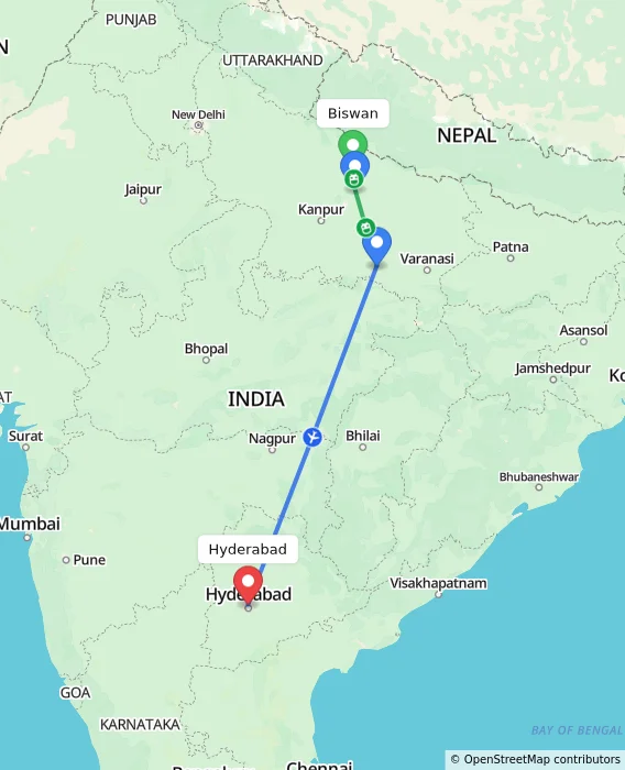 Route map showing distance and travel time from Biswan, India to Hyderabad, India
