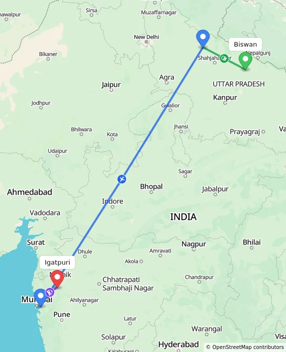Route map showing distance and travel time from Biswan, India to Igatpuri, India