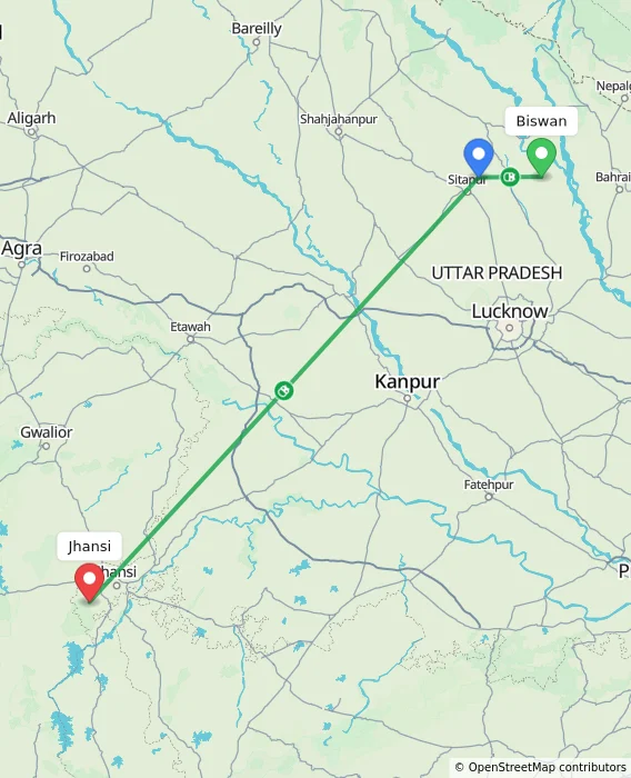 Route map showing distance and travel time from Biswan, India to Jhansi, India