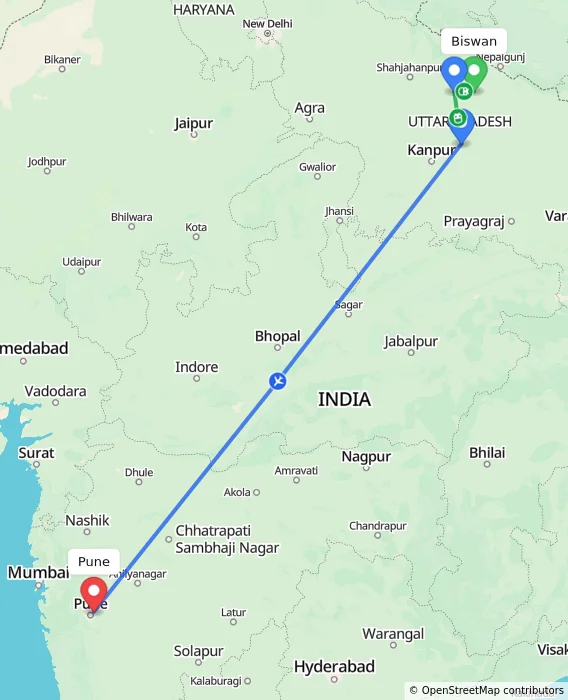 Route map showing distance and travel time from Biswan, India to Pune, India