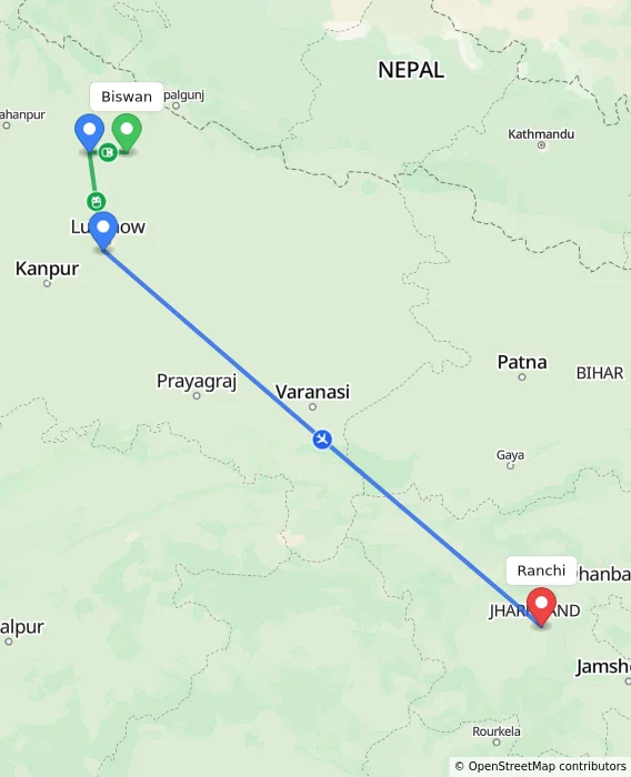 Route map showing distance and travel time from Biswan, India to Ranchi, India