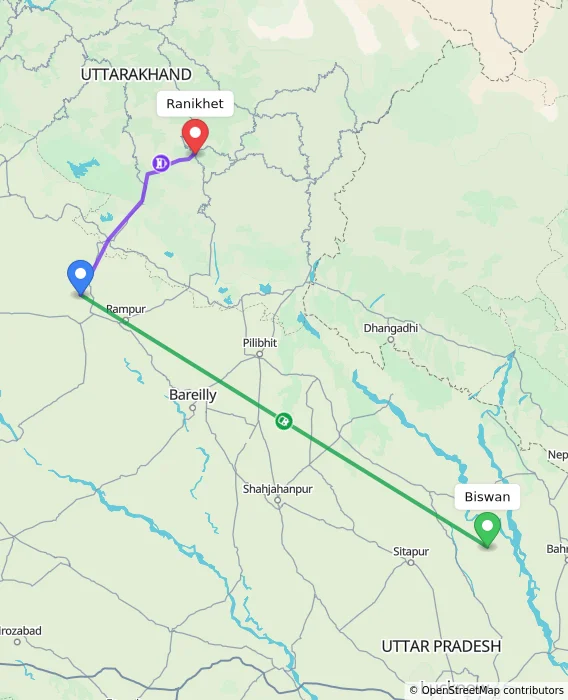 Route map showing distance and travel time from Biswan, India to Ranikhet, India