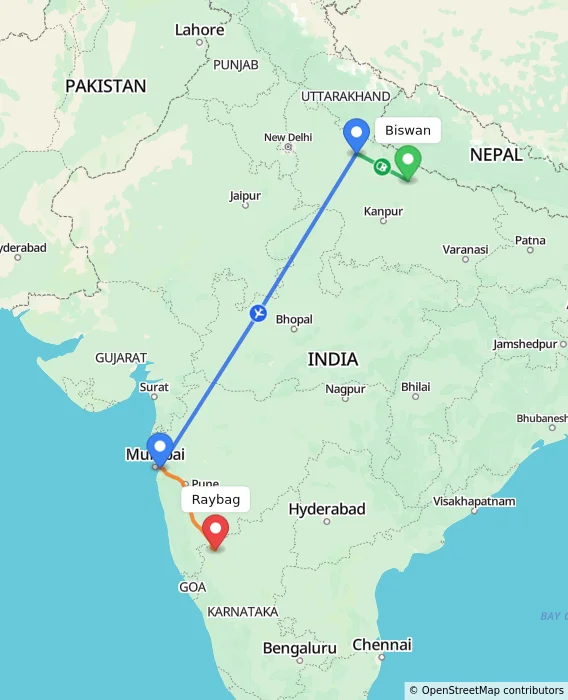 Route map showing distance and travel time from Biswan, India to Raybag, India
