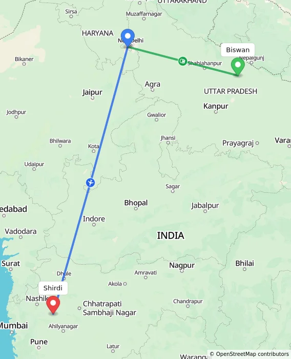 Route map showing distance and travel time from Biswan, India to Shirdi, India