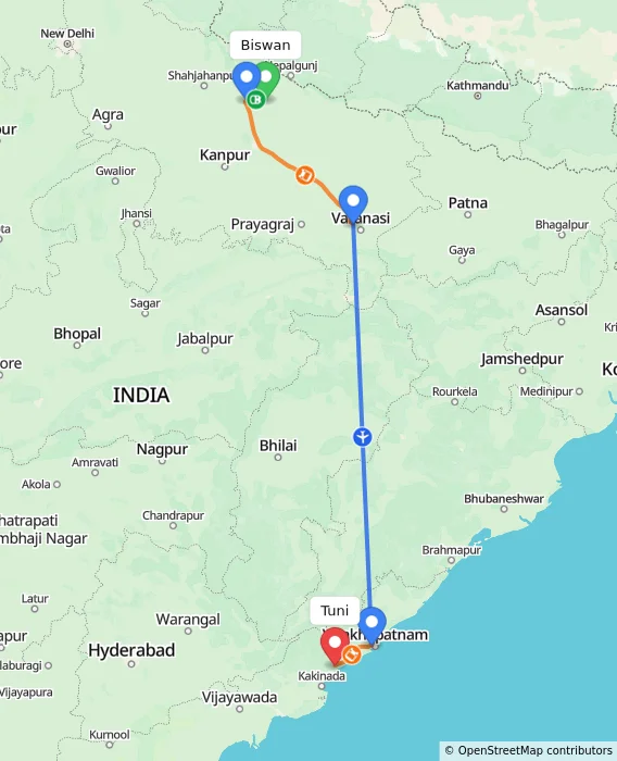 Route map showing distance and travel time from Biswan, India to Tuni, India