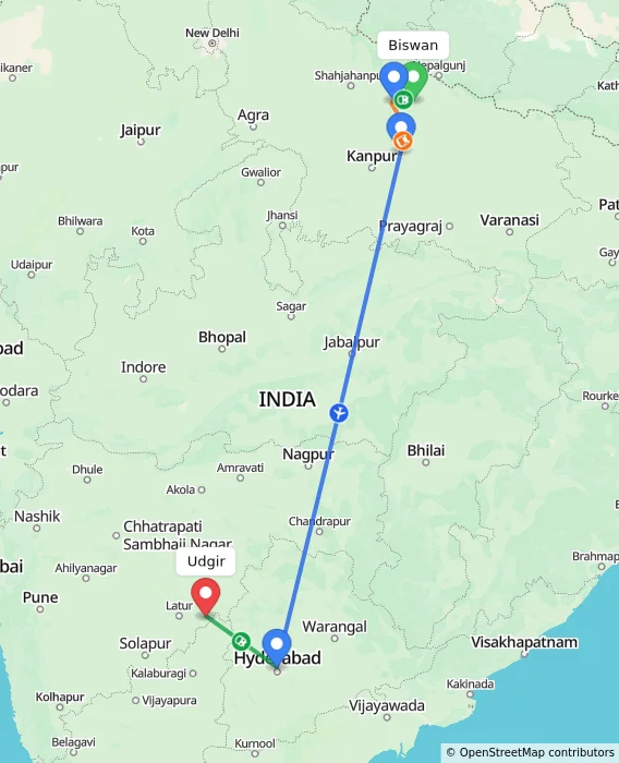 Route map showing distance and travel time from Biswan, India to Udgir, India