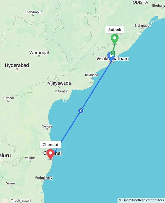 Route map showing distance and travel time from Bobbili, India to Chennai, India