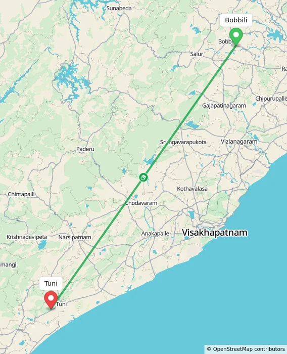 Route map showing distance and travel time from Bobbili, India to Tuni, India