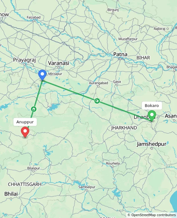 Route map showing distance and travel time from Bokaro, India to Anuppur, India