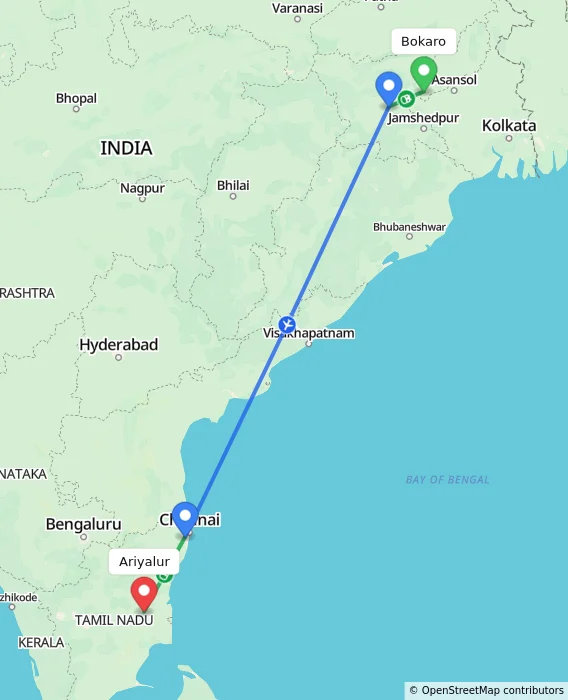 Route map showing distance and travel time from Bokaro, India to Ariyalur, India