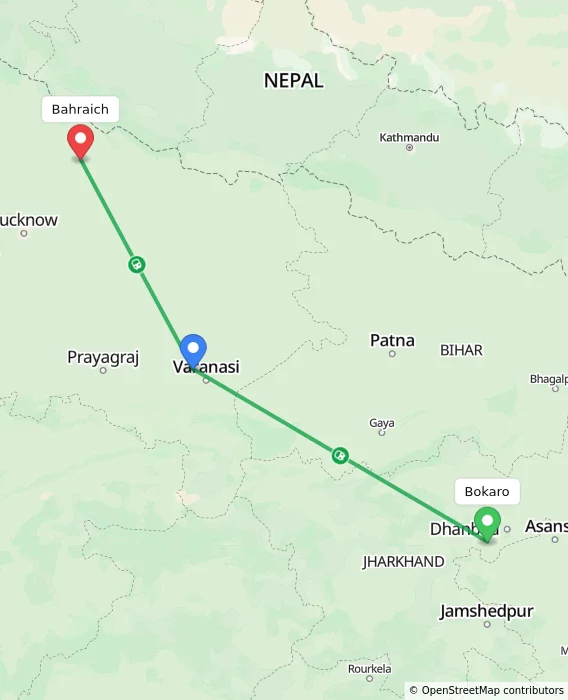 Route map showing distance and travel time from Bokaro, India to Bahraich, India