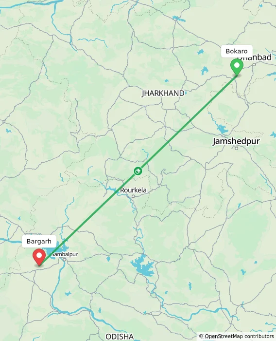 Route map showing distance and travel time from Bokaro, India to Bargarh, India