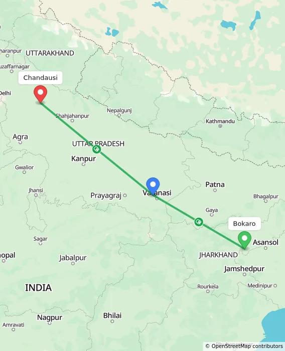 Route map showing distance and travel time from Bokaro, India to Chandausi, India