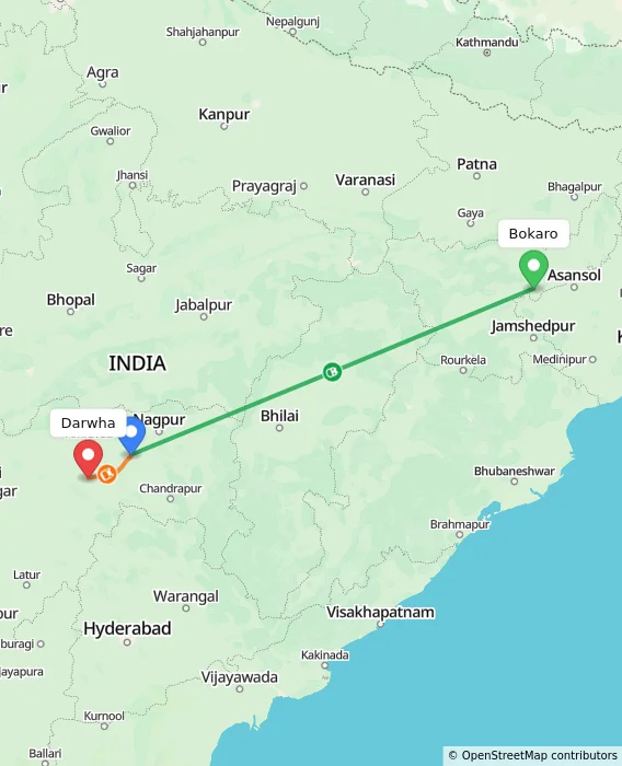 Route map showing distance and travel time from Bokaro, India to Darwha, India