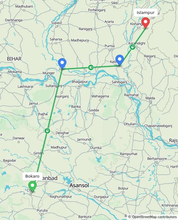 Route map showing distance and travel time from Bokaro, India to Islampur, India