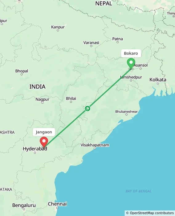 Route map showing distance and travel time from Bokaro, India to Jangaon, India