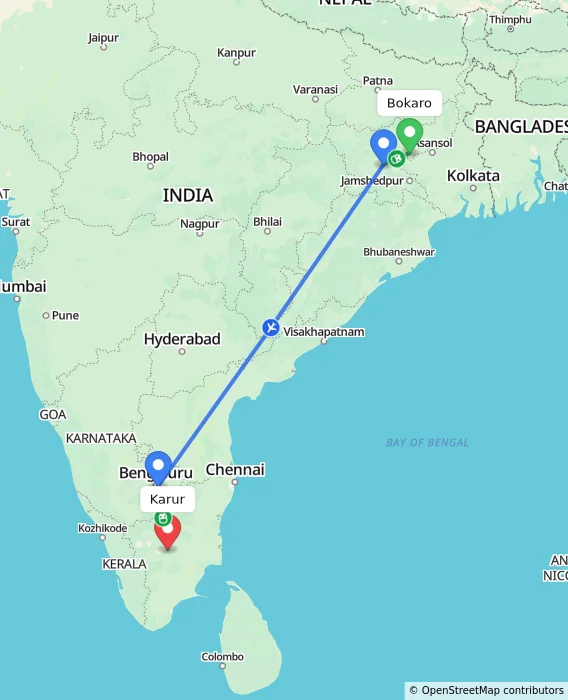 Route map showing distance and travel time from Bokaro, India to Karur, India