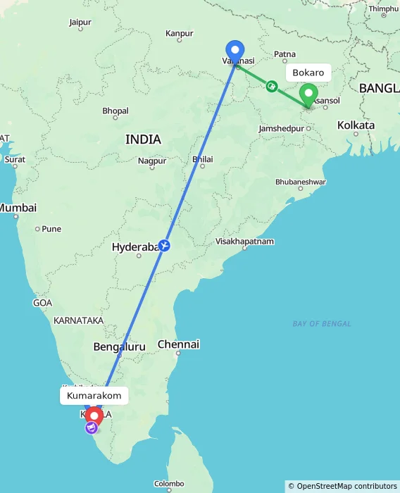 Route map showing distance and travel time from Bokaro, India to Kumarakom, India