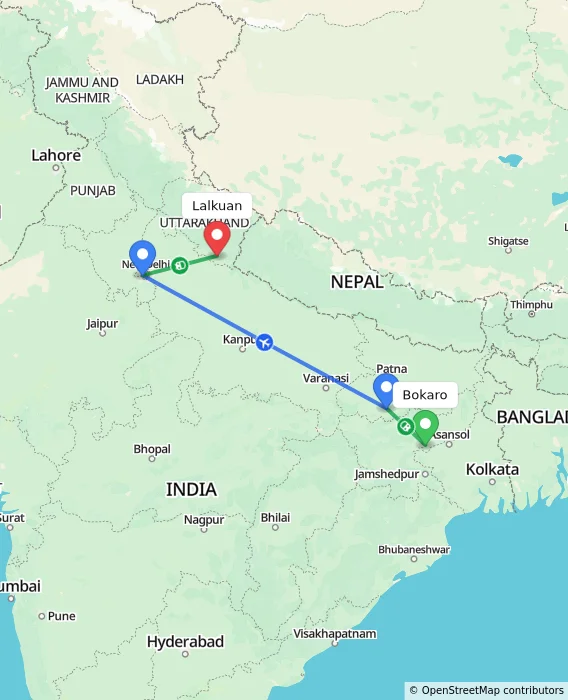 Route map showing distance and travel time from Bokaro, India to Lalkuan, India