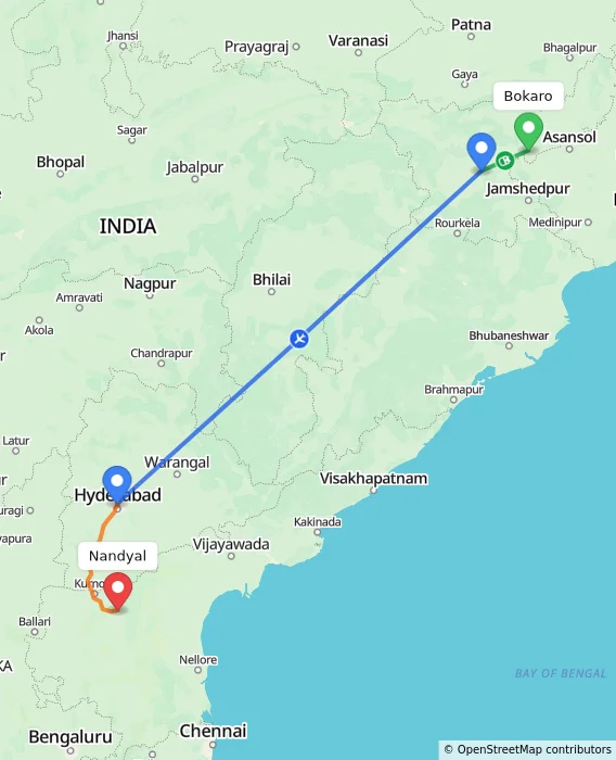 Route map showing distance and travel time from Bokaro, India to Nandyal, India