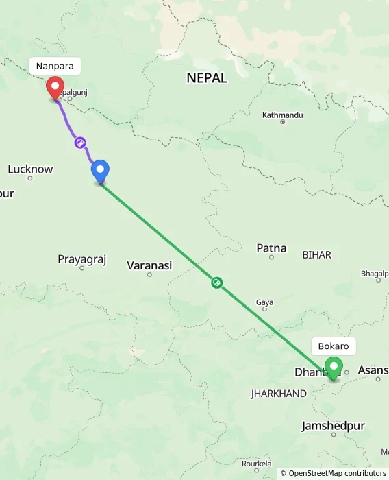Route map showing distance and travel time from Bokaro, India to Nanpara, India