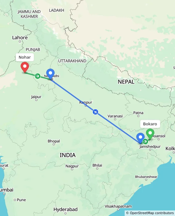 Route map showing distance and travel time from Bokaro, India to Nohar, India