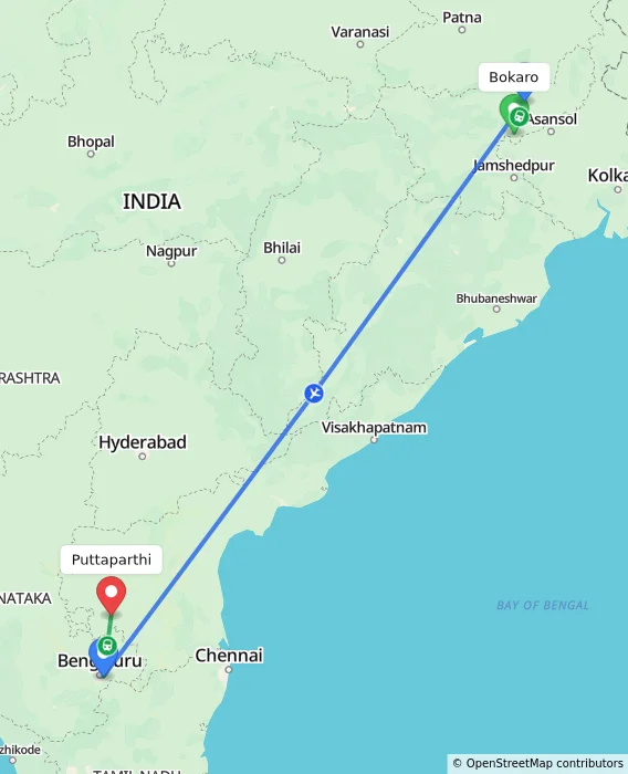 Route map showing distance and travel time from Bokaro, India to Puttaparthi, India