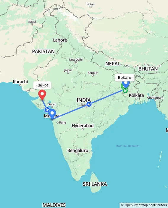 Route map showing distance and travel time from Bokaro, India to Rajkot, India