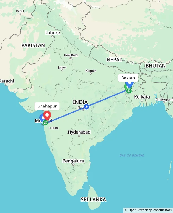 Route map showing distance and travel time from Bokaro, India to Shahapur, India