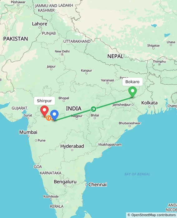 Route map showing distance and travel time from Bokaro, India to Shirpur, India