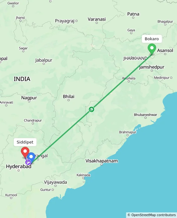 Route map showing distance and travel time from Bokaro, India to Siddipet, India