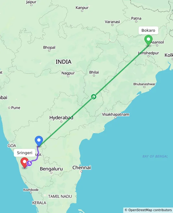 Route map showing distance and travel time from Bokaro, India to Sringeri, India