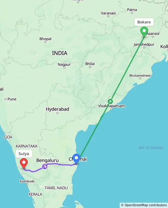 Route map showing distance and travel time from Bokaro, India to Sulya, India