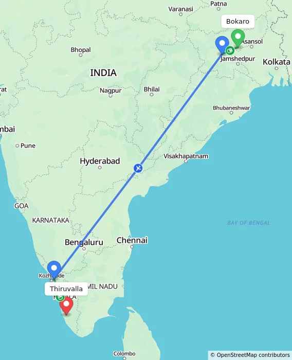 Route map showing distance and travel time from Bokaro, India to Thiruvalla, India