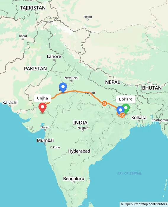 Route map showing distance and travel time from Bokaro, India to Unjha, India