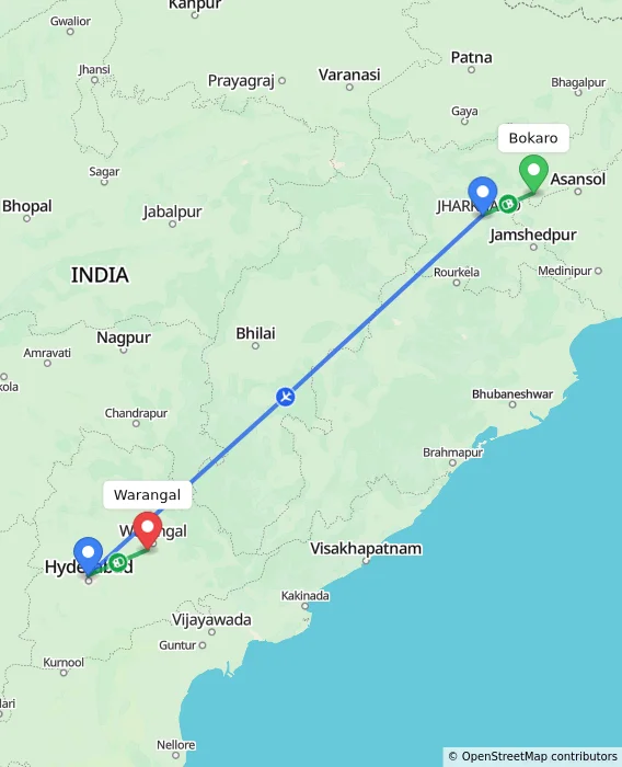 Route map showing distance and travel time from Bokaro, India to Warangal, India