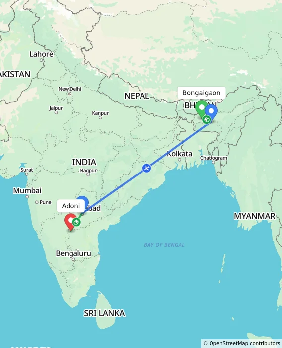 Route map showing distance and travel time from Bongaigaon, India to Adoni, India