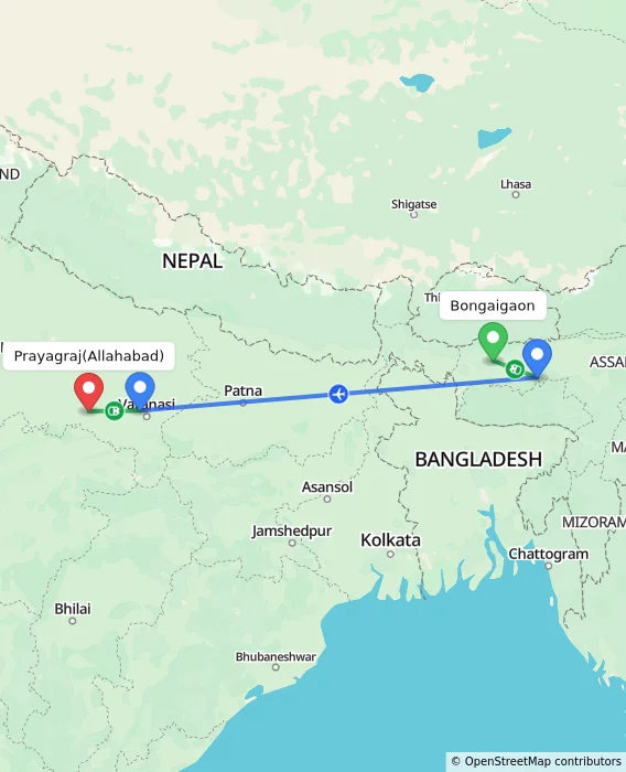 Route map showing distance and travel time from Bongaigaon, India to Allahabad, India