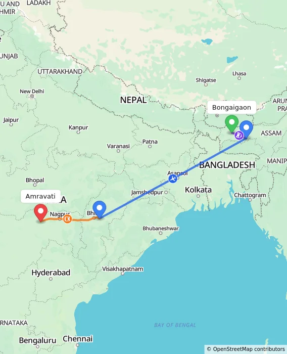 Route map showing distance and travel time from Bongaigaon, India to Amravati, India