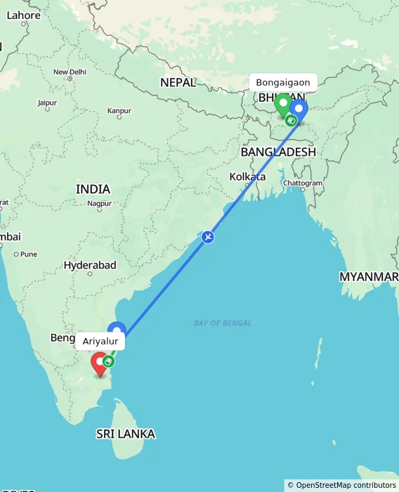 Route map showing distance and travel time from Bongaigaon, India to Ariyalur, India