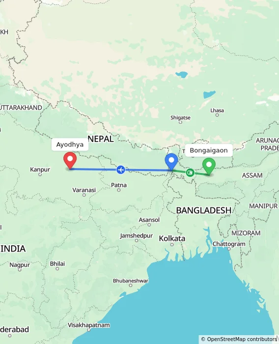 Route map showing distance and travel time from Bongaigaon, India to Ayodhya, India