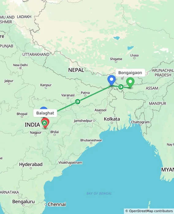Route map showing distance and travel time from Bongaigaon, India to Balaghat, India