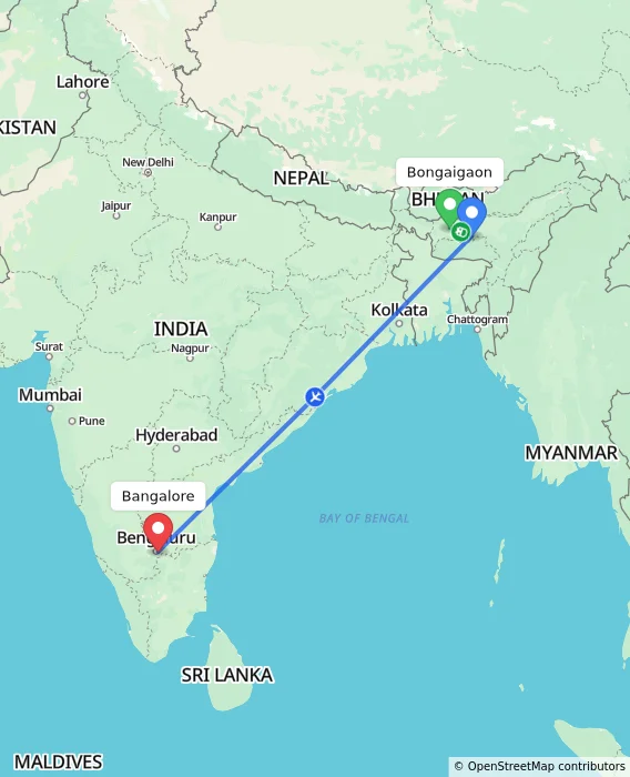 Route map showing distance and travel time from Bongaigaon, India to Bangalore, India