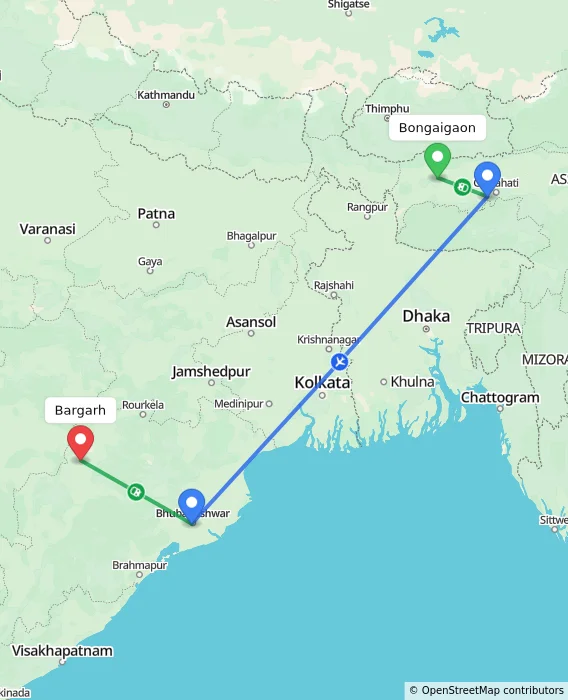 Route map showing distance and travel time from Bongaigaon, India to Bargarh, India